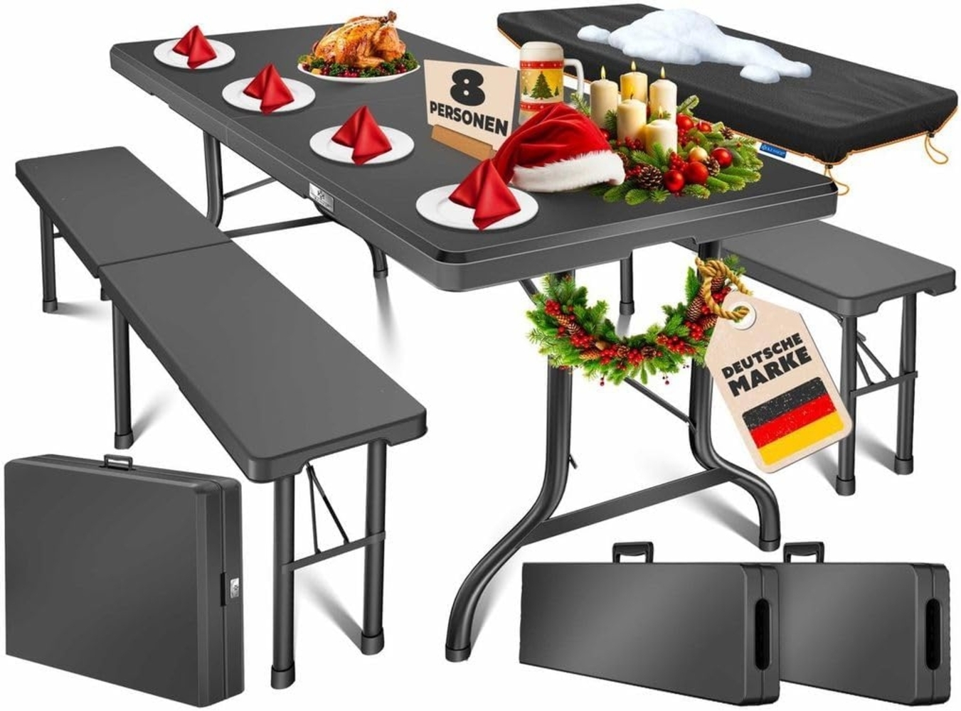 KESSER® Bierzeltgarnitur 3-teilig Set Tisch & 2x Bank | Buffettisch für drinnen & draußen Gartengarnitur klappbar 183x76x74cm Kunststoff Klapptisch Gartentisch inkl. Abdeckung & Tragegriffe Anthrazit, Glatt Bild 1