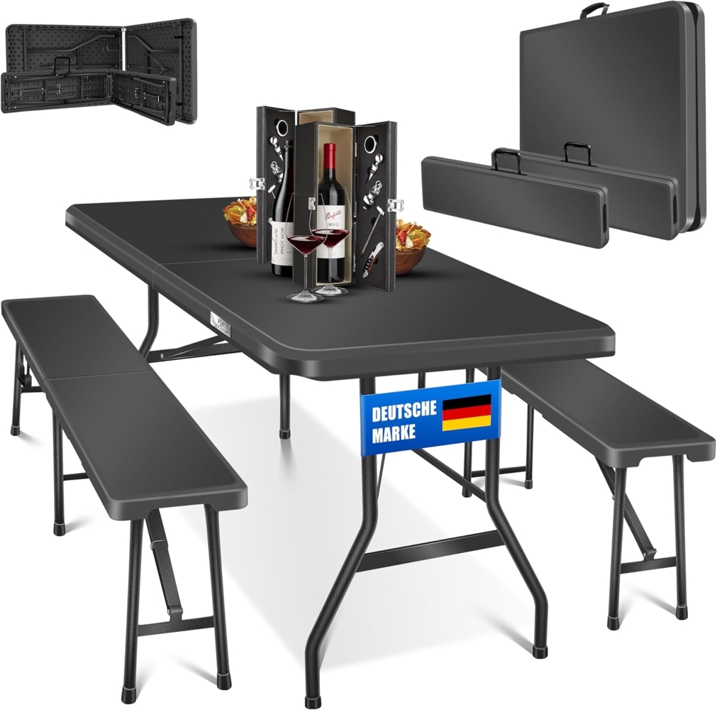 KESSER® Bierzeltgarnitur - 3-teilig Set, Tisch + 2 x Bank, für drinnen - draußen, klappbar, Tragegriffe, HxBxT: 73x180x75 cm , Kunststoff, Rattan-Look Gartengarnitur , Klapptisch , Gartentisch Schwarz, Glatt Bild 1