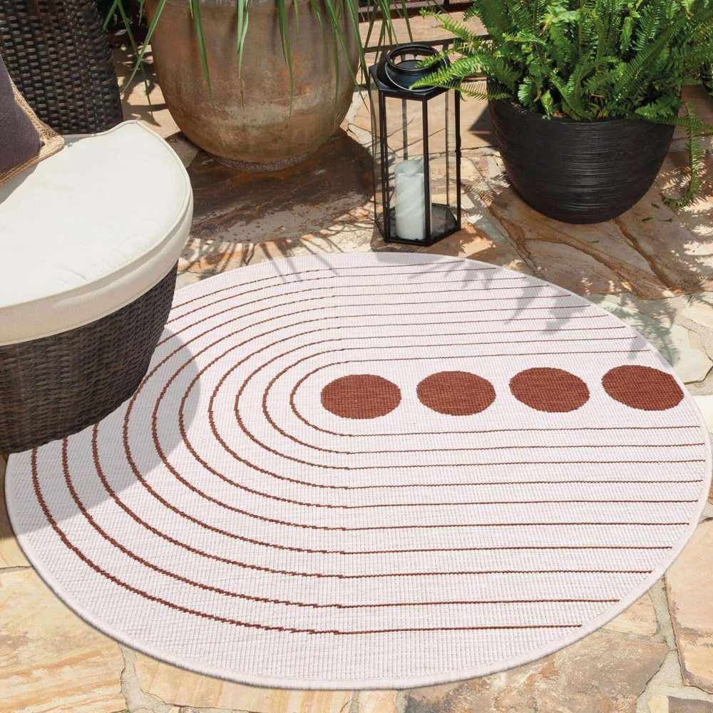 carpet city In- & Outdoor-Teppich Rot, Creme - Wendeteppich - 160 cm Rund - Kreis-Muster - Wetterbeständig für Balkon, Terrasse - Teppiche Modern Indoor Wohnzimmer, Küche Bild 1