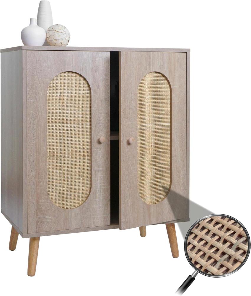 Kommode HWC-M35, Schrank Sideboard Highboard, Staufächer, Kubu Rattan Holz Melamin, Eiche-Optik Bild 1