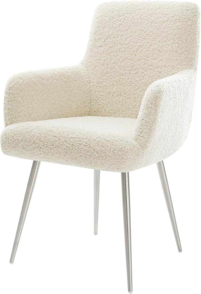 Esszimmerstuhl Heira-Flex mit Armlehnen Teddystoff Beige 4-Fuß konisch Edelstahl Taschenfederkern Bild 1