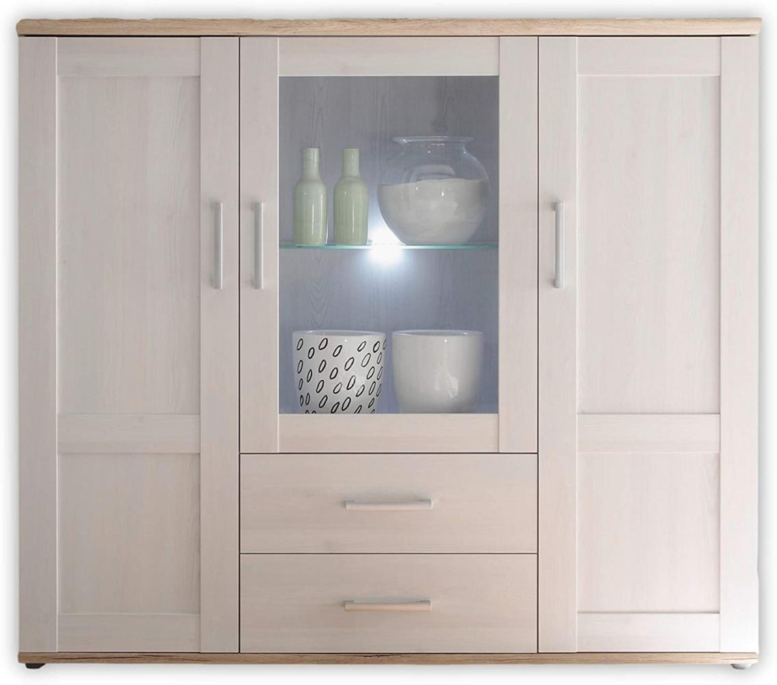 ROMANCE Highboard in Sibiu Lärche / Eiche San Remo Optik - Landhausstil Wohnzimmerschrank mit viel Stauraum und LED-Beleuchtung - 156 x 137 x 46 cm (B/H/T) Bild 1