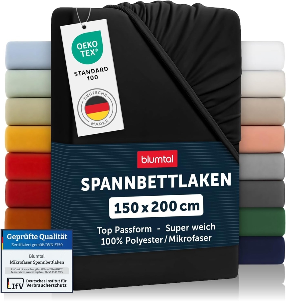 Blumtal® Spannbettlaken 150x200 cm - Bettlaken 150x200 aus Microfaser - Oekotex zertifiziertes Spannbetttuch 150x200 cm / 150x200 Spannbettlaken - Leintuch 150x200 cm - Bettspanntuch 150x200 - Schwarz Bild 1