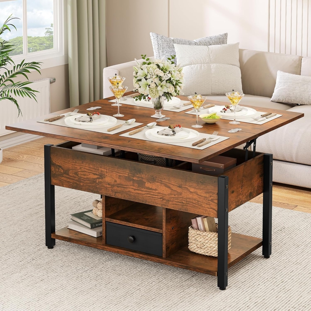 YITAHOME Couchtisch mit Höhenverstellbarer, 4-in-1-Multifunktions-Couchtisch mit Stauraum, Couchtisch lässt Sich in einen Esstisch für das Wohnzimmer umwandeln, Vintage-Braun Bild 1