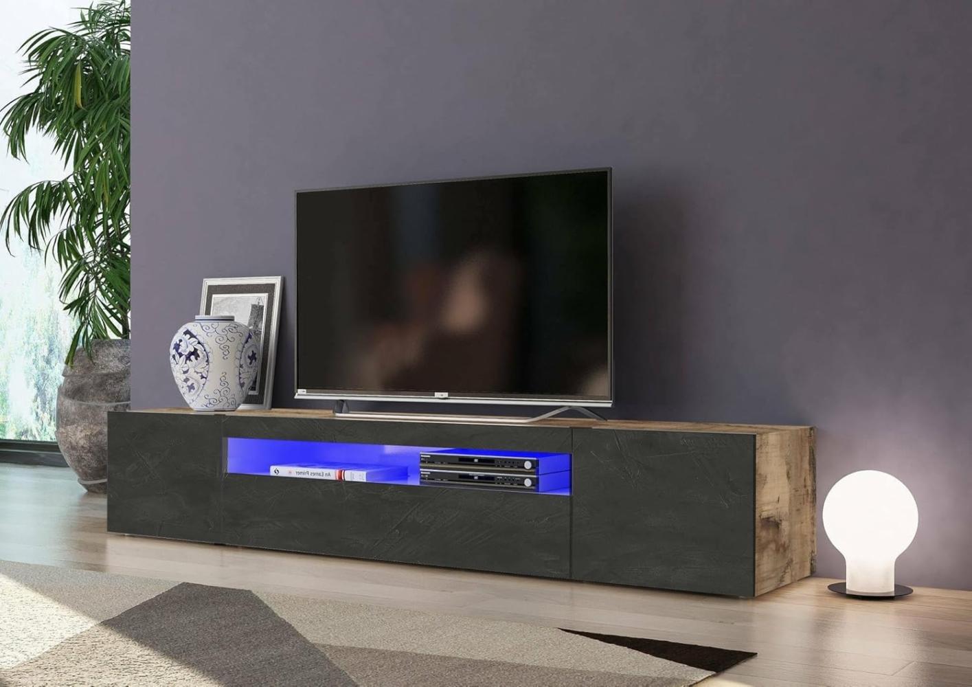 Dmora Wohnzimmer-TV-Ständer, Made in Italy, TV-Ständer mit 3 Türen und Regalen, cm 200x40h37, Ahorn- und Schieferfarbe, mit blauem LED-Licht Bild 1