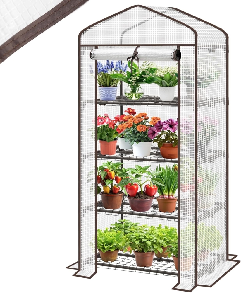 Sekey Mini Tomatengewächshaus mit 4 Regalböden, Folie Gewächshaus Klein Tomatenhaus Balkon Garten, Kleines Foliengewächshaus Stabil 160*70*50 cm, Weiß-Grün Bild 1