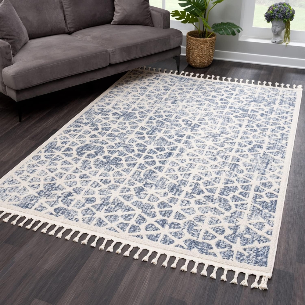 Teppich Wohnzimmer mit Fransen - Blau Cream - 160x230cm – Kurzflor Deko Boho Schlafzimmer Flur Dekoration Läufer Kinderzimmer - Skandinavische Teppiche Bild 1