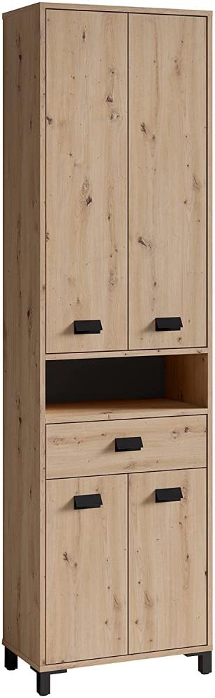 byLIVING Badezimmer-Hochschrank WELLNESS in Artisan Eiche, Griffe aus Metall in schwarz / Badezimmerschrank 4 Türen mit offenen Elementen & viel Stauraum / B 54, H 193, T 31 cm Bild 1