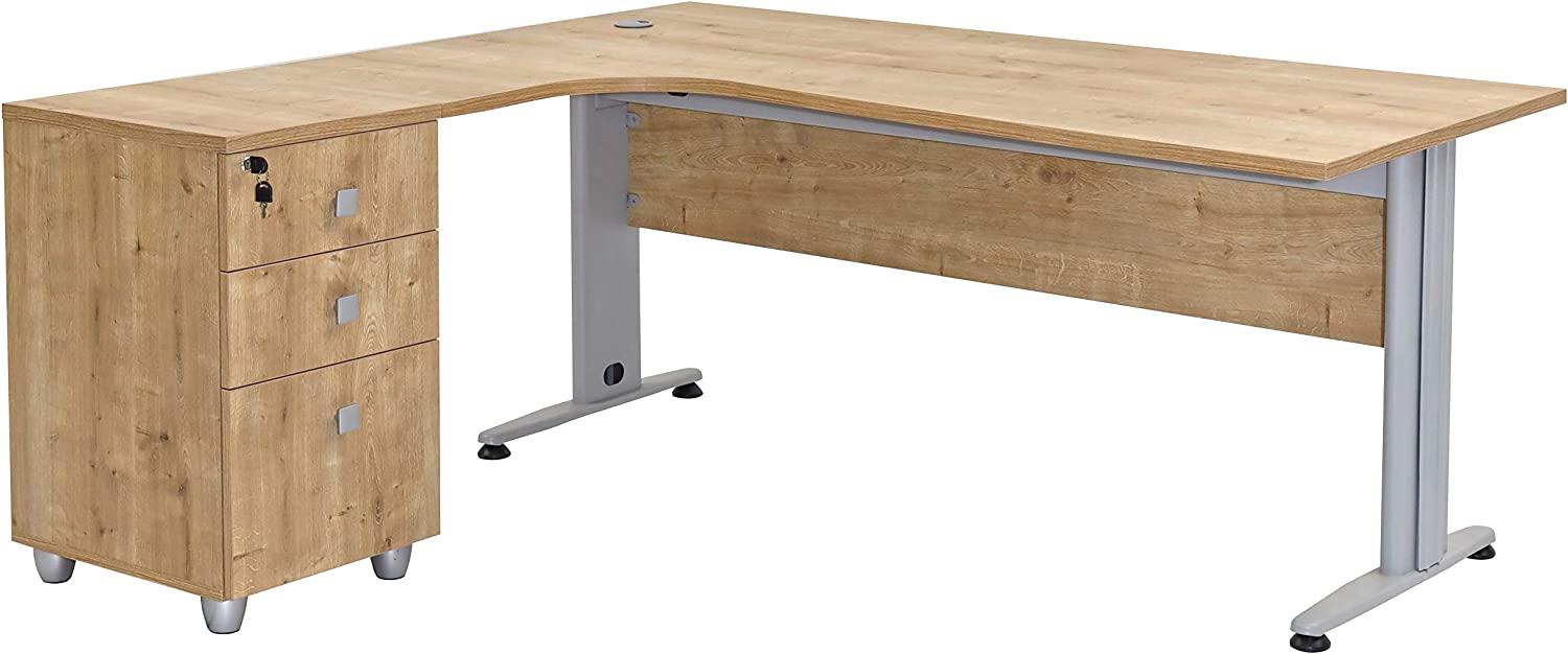 Furni24 Schreibtisch Winkelschreibtisch, Eckschreibtisch, Moderner Bürotisch Computertisch mit großer Arbeitsfläche, Bürotisch, PC Tisch, Dona Eiche 180x120x74cm inkl. Beistellcontainer Links gewinkelt Bild 1