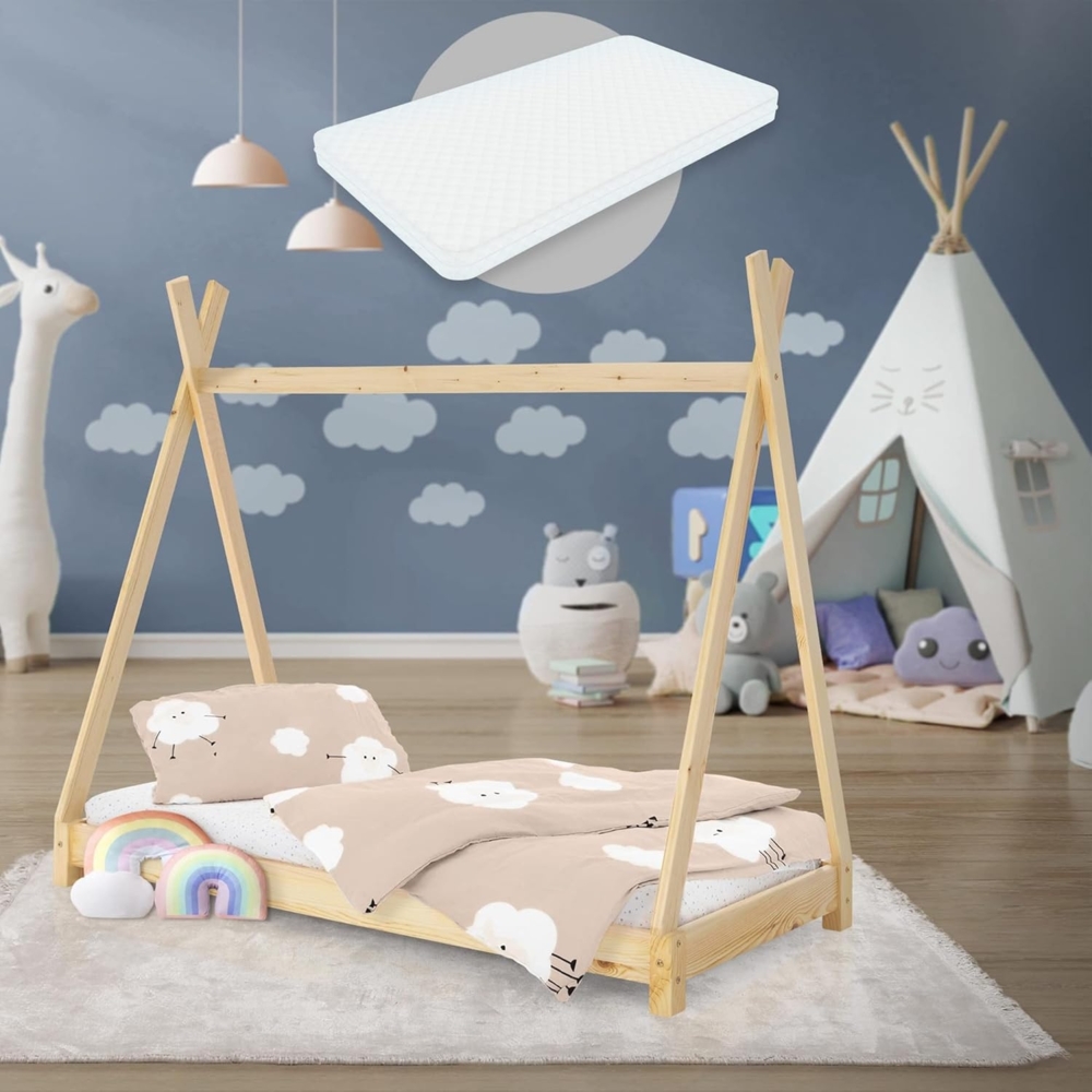 ML-DESIGN Kinderbett Hausbett Tipi Zeltbett inkl. Lattenrost Bodenbett Kinder Himmelbett, Abenteuerbett zum Spielen Zelt Spielbett Kiefer Bettenhaus Bett Natur Bild 1