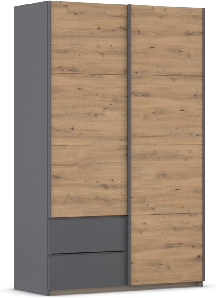 Rauch Möbel Stoke, Schwebetürenschrank, Kleiderschrank, Schrank, Garderobe, 2-türig, 2 Schubladen, Farbe Eiche Artisan/Grau metallic, Holz, Schwarz, Griffleisten Grau metallic, 131 x 210 x 59 cm Bild 1