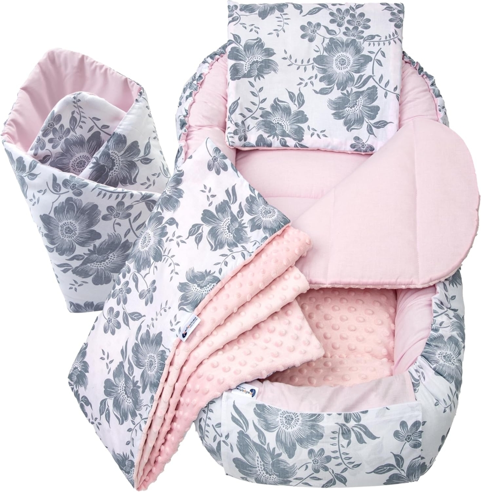 Medi Partners 5 teilig Babynestchen Set Babynest 100x60x15 herausnehmbarer Einsatz Bett Kuschelnest Krabbeldecke Babys Neugeborene 100% Baumwolle (Berry mit Rosa Minky) Bild 1