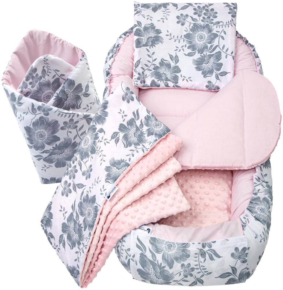 Medi Partners 5 teilig Babynestchen Set Babynest 100x60x15 herausnehmbarer Einsatz Bett Kuschelnest Krabbeldecke Babys Neugeborene 100% Baumwolle (Berry mit Rosa Minky) Bild 1