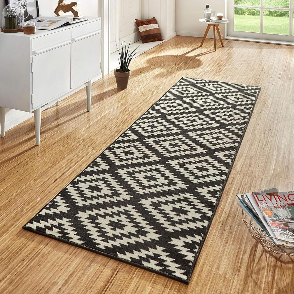 Kurzflor Teppich Läufer Nordic Schwarz Creme - 80x500x0,9cm Bild 1