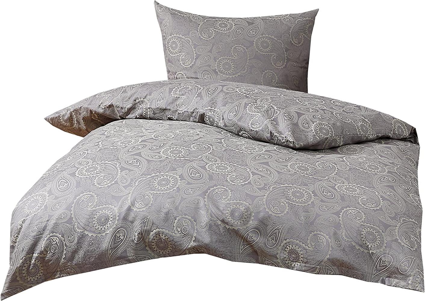 Bettwaesche-mit-Stil Mako-Satin Damast Paisley Bettwäsche "Davos" grün - grau Garnitur 155x220 + 80x80 Bild 1