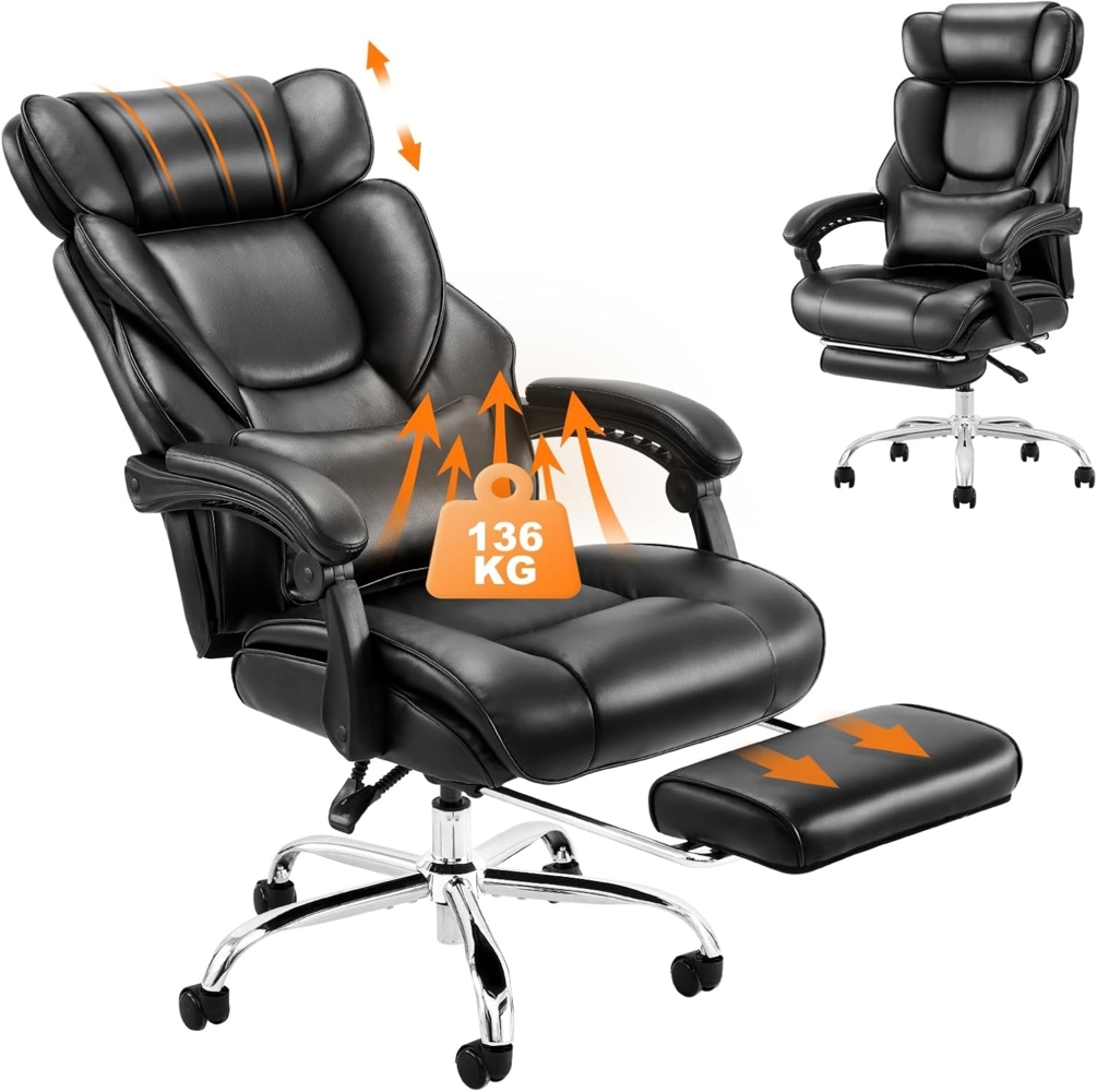 COLAMY Bürostuhl mit Fußstütze-Ergonomischer Stuhl mit hoher Rückenlehne und abnehmbarem Lendenkissen, 90-135°verstellbar, Dickes Leder für Home Office Work Comfort, Schwarz Bild 1