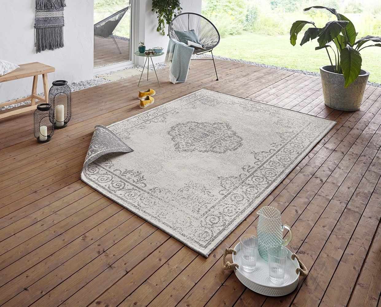 NORTHRUGS In- und Outdoor Teppich Cebu 240x340 cm - Wendeteppich Wetterfest Orientalisches Vintage Design Teppich für Balkon Terrasse Garten Wintergarten Wohnzimmerteppich Wasserfest in Grau Creme Bild 1