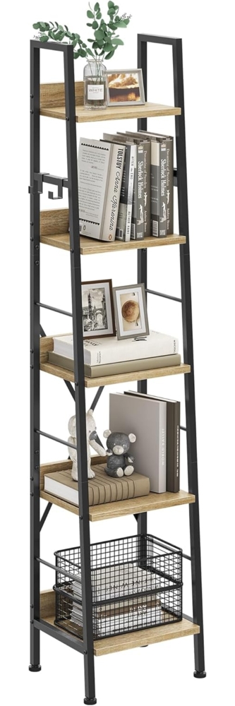 YITAHOME Bücherregal mit 5 Ebenen, industrielles Leiterregal, Bodenstehend Standregal, Holzregale und Bücherregal mit Metallrahmen, modernes Regal für Wohnzimmer, Flur, Büro, Eichenfarbe Bild 1