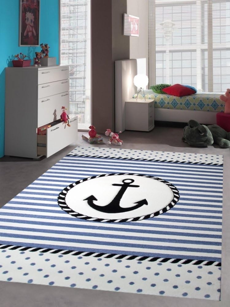 Carpetia Kinderteppich Teppich Kinderzimmer Babyzimmer Jungen Anker blau crème schwarz, rund, Höhe: 13 mm Bild 1