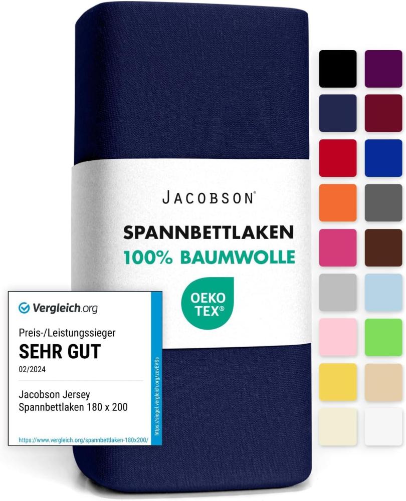 Jacobson Jersey Spannbettlaken Spannbetttuch Baumwolle Bettlaken (140x200-160x200 cm, Dunkelblau) Bild 1