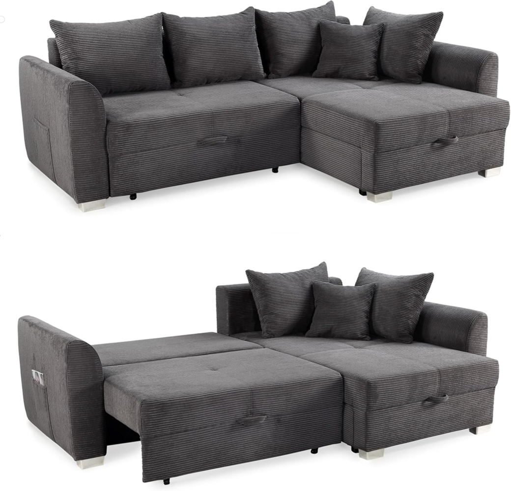 luma-home Ecksofa 15202, mit Bettkasten 236x160 cm, Bettfunktion, Ottomane links oder rechts, Cord Grau Anthrazit Bild 1