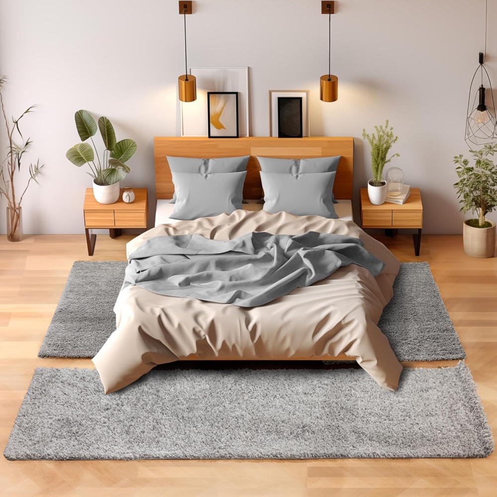 SIMPEX24 Hochflor-Bettumrandung Unicolor - Einfarbig, Höhe 30 mm, (Bett-Set, 3-tlg, Bettvorlage), Schlafzimmer Teppich Bettumrandung Läufer Set 3 teilig Bild 1