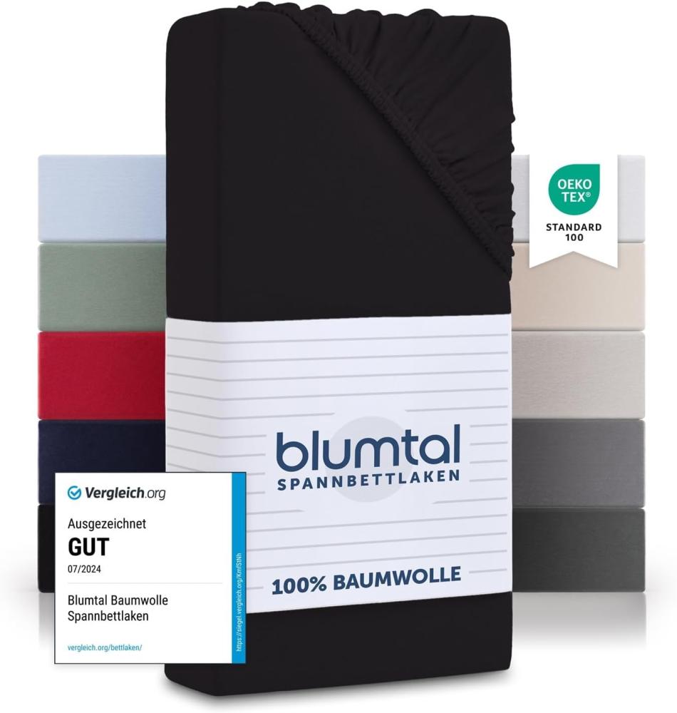 Blumtal® Baumwolle Spannbettlaken 150x200cm Basics Jersey im 2er Set - Bettbezug 150x200cm - Oeko-TEX zertifiziertes Spannbetttuch 150x200cm - Matratzenbezug 150x200cm - Leintuch - Schwarz Bild 1