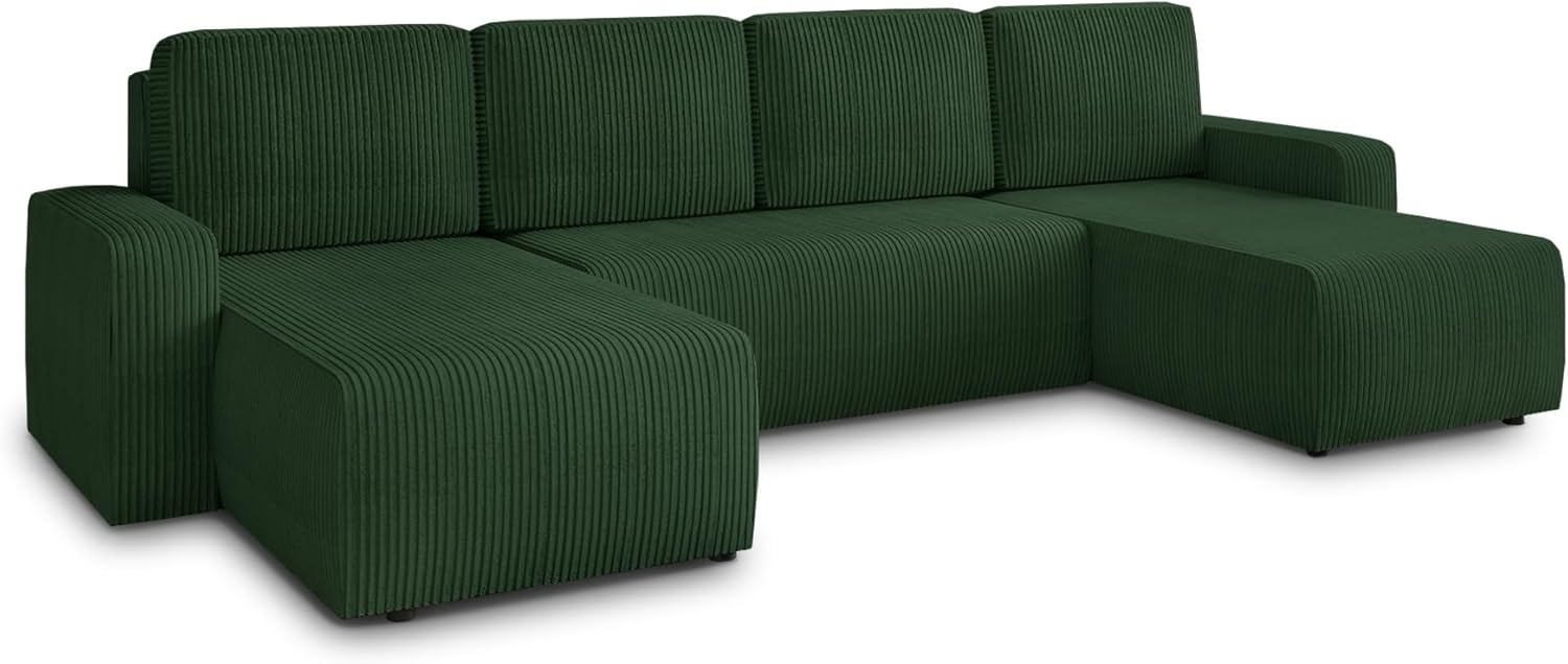 Wohnlandschaft mit Schlaffunktion Roma - U-Form Couch, Schlafsofa mit Bettkasten, Couchgranitur mit Bettfunktion, Big Sofa, Cord Stoff (Grün (Poso 014)) Bild 1