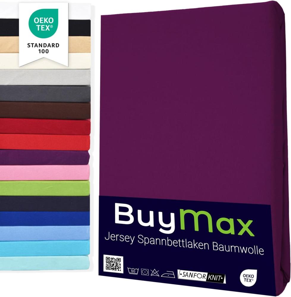 Buymax Spannbettlaken 100x200 cm Doppelpack 100% Baumwolle Spannbetttuch Bettlaken Jersey, Matratzenhöhe bis 25 cm, Farbe Aubergine Bild 1