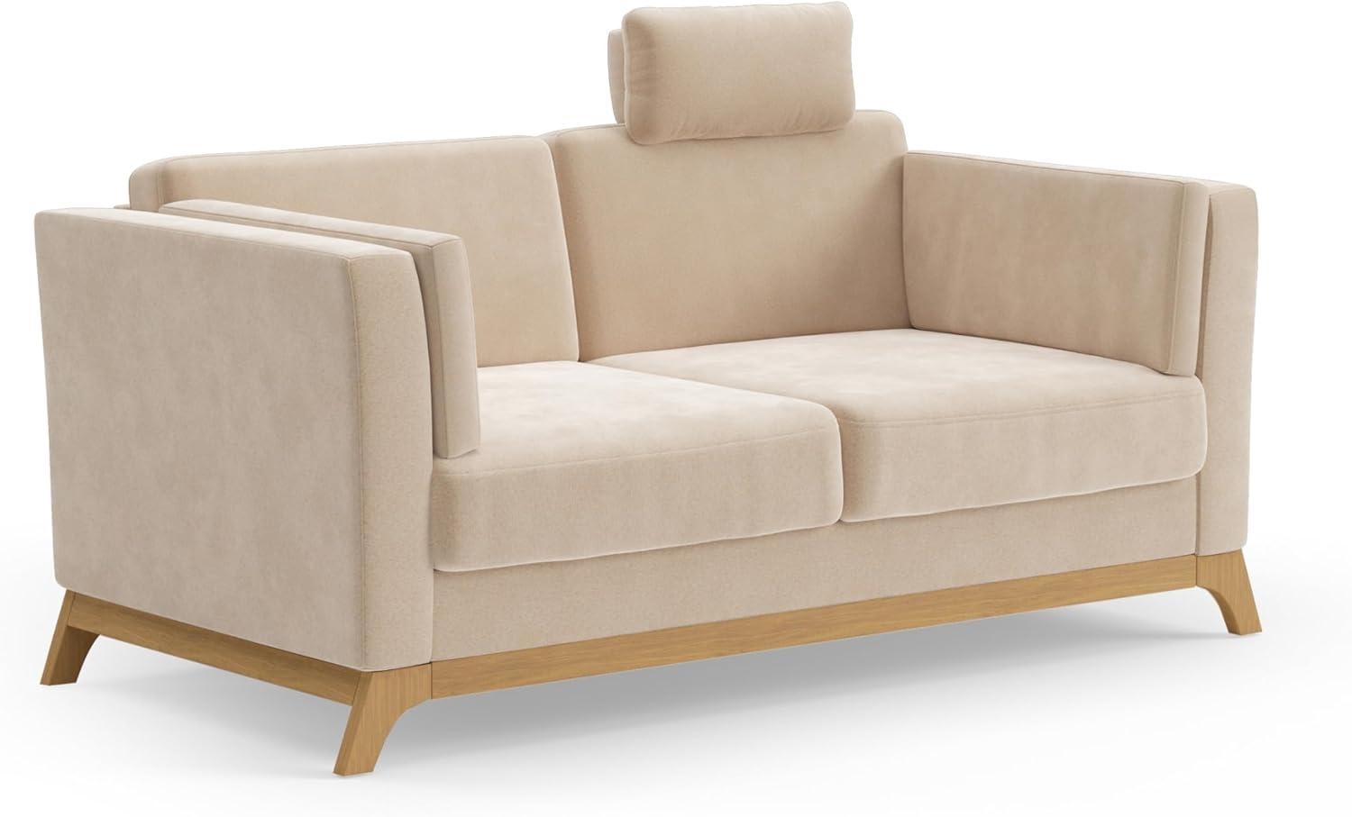 Cavadore 2,5er-Sofa Vida / 2,5-Sitzer Couch im trendigen Design mit massivem Holzrahmen in Eiche, Kopfstütze mit Kuschelkissen / 183 x 84 x 93 / Mikrofaser, Hellbraun-Beige Bild 1