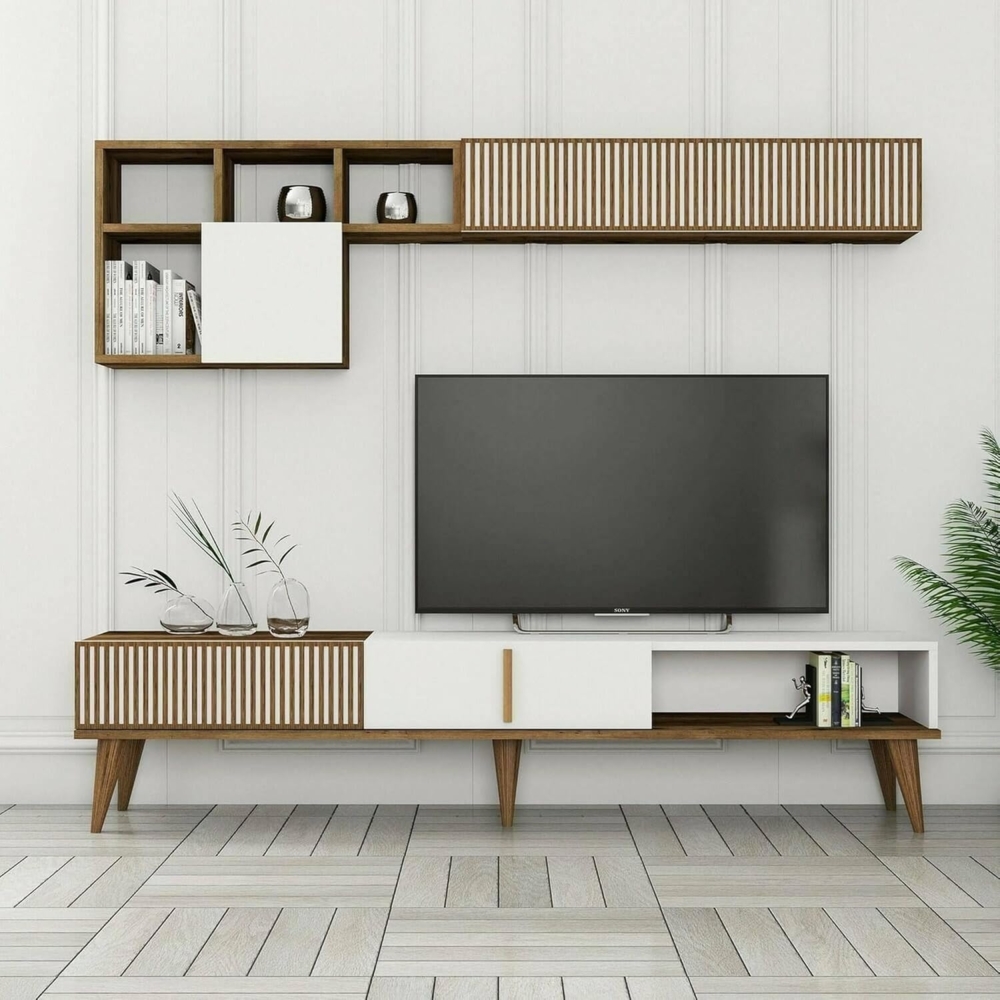 Dmora - Wohnzimmermöbel Gemini, Modulares Wohnzimmerset, Mehrzweck-Wohnzimmermöbel, Moderner TV-Schrank, 180x35h40 cm, Walnuss und Weiß Bild 1