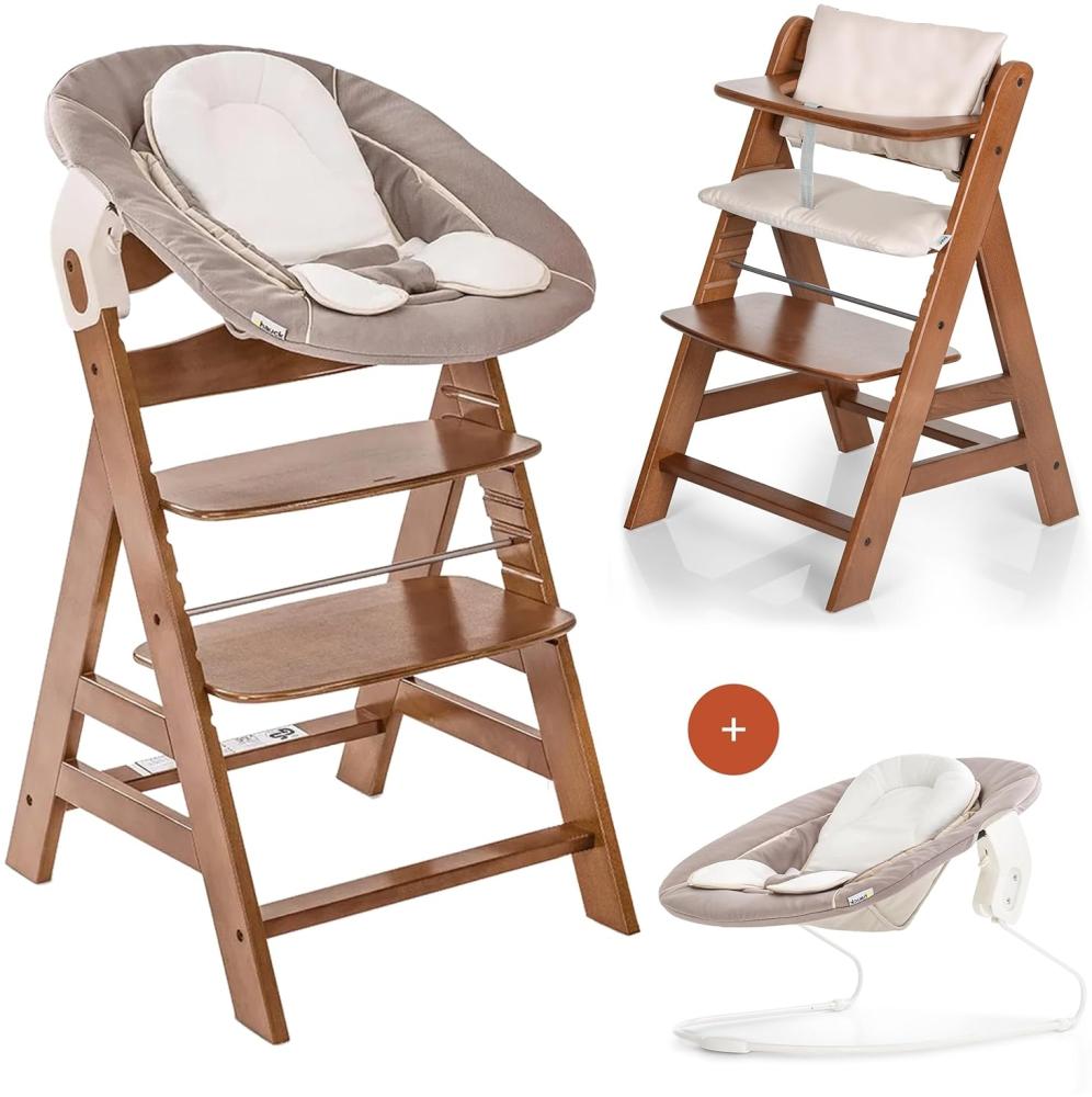 Hauck Alpha Newborn Set - Baby Holz Hochstuhl ab Geburt mit Liegefunktion inkl. Aufsatz für Neugeborene und Hochstuhlauflage, mitwachsend, höhenverstellbar - Walnut Beige Bild 1