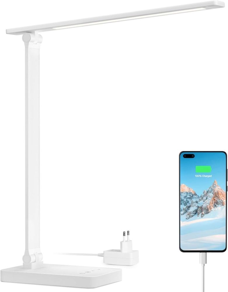 Lepro LED Schreibtischlampe 15W, Dimmbar Tischleuchte 655LM mit 3 Farbmodi & 5 Helligkeitsstufen, USB-Anschluss, Augenschutz Leselampe für Büro, Arbeitszimmer, Nachttisch & Lesen, Weiß Bild 1