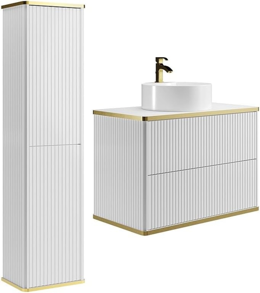 Vente-unique - Waschbeckenunterschrank hängend mit rundem Aufsatzwaschbecken und Säule - Streifenoptik - Weiß - 80 cm - KELIZA Bild 1