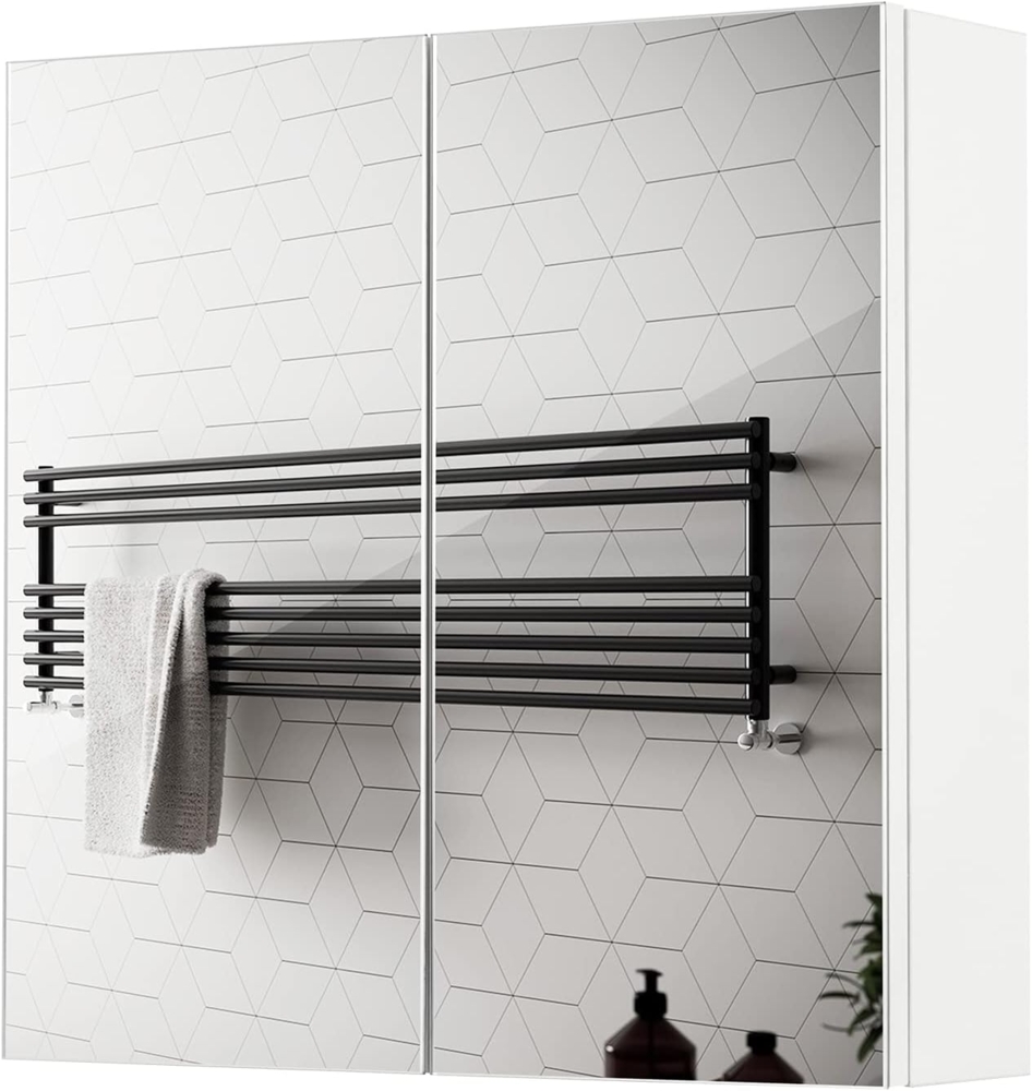 Mondeer Spiegelschrank, Badezimmerspiegel mit 2 Türen 2 Einlegeböden Holz Moderner Stil, 45 x 13 x 45 cm Weiß Bild 1
