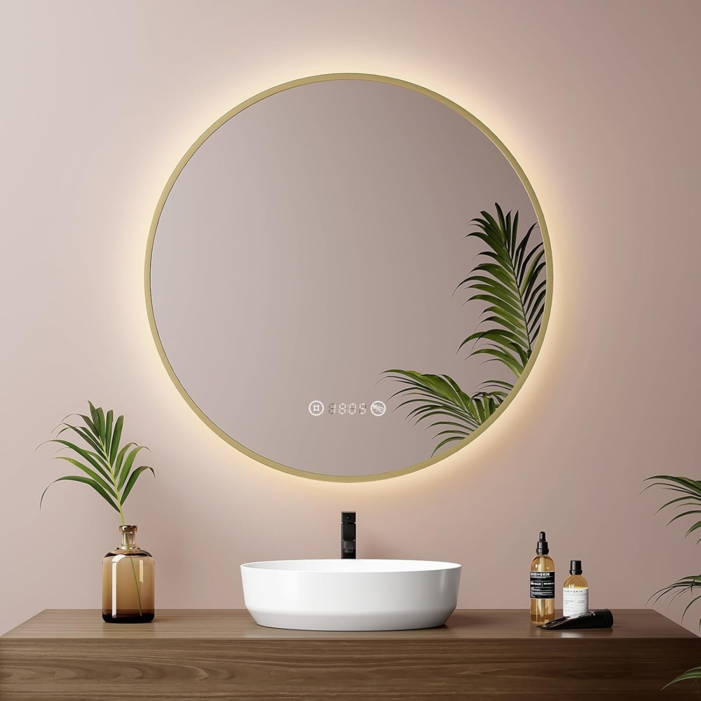 Emke LED Badspiegel mit Uhr, Temperatur & Memory-Funktion, dimmbar, Metall, Gold, Ø 60 cm Bild 1