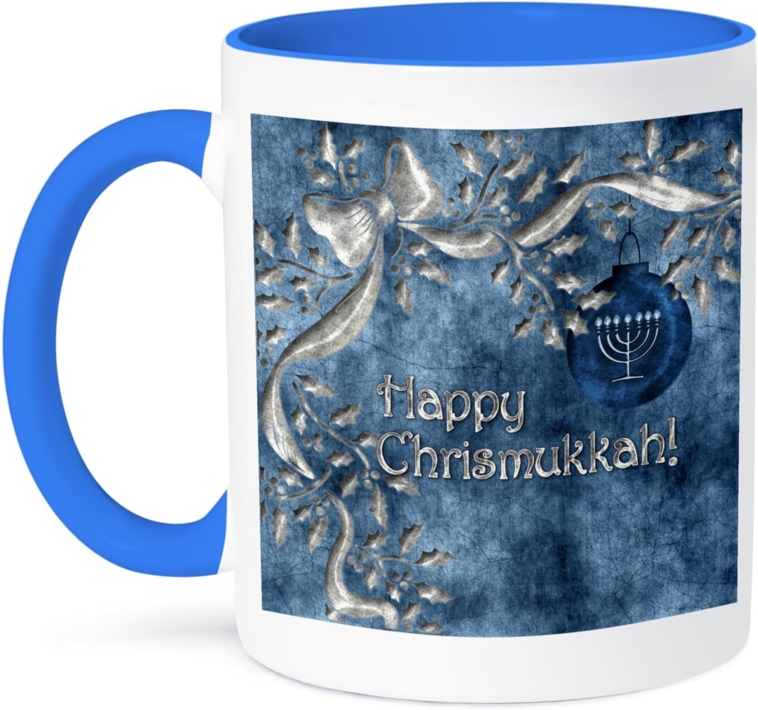 3dRose Happy Chrismukkah Silber Ornament und Menorah-Two Ton Blau Tasse, Keramik, Mehrfarbig, 10,2 x 7,62 x 9,52 cm Bild 1