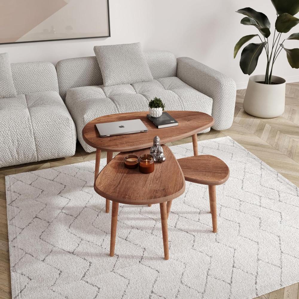 Gozos Oviedo Tropfenform Beistelltisch 3er Set, Stylischer Satztisch aus Massiv Buchenholz, Vintage Sofa Tisches, Massiv Wohnzimmertisch -Wohnzimmer Couchtisch 3er Set | 42, 65 und 100 cm Bild 1