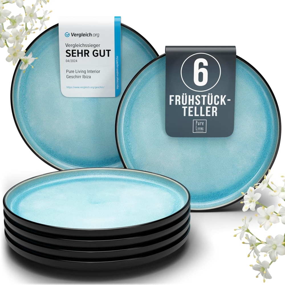 Steingut Frühstücksteller 6 Pers. Ibiza Hochwertiges Mediterranes TEST SEHR GUT Dessertteller Set - Kuchenteller spülmaschinen- und kratzfest - Kleine Teller, Salatteller Pure Living in Aquamarin Bild 1