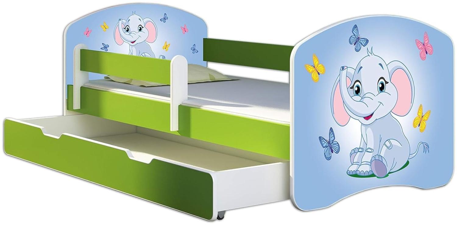 ACMA Kinderbett Jugendbett mit Einer Schublade und Matratze Grün mit Rausfallschutz Lattenrost II 140x70 160x80 180x80 (26 Elefant, 140x70 + Bettkasten) Bild 1