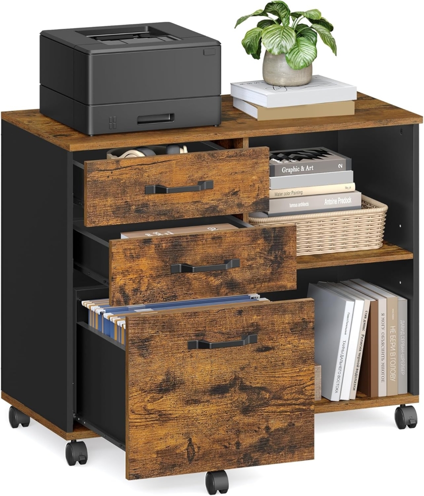 Vasagle Aktenschrank, Rollcontainer, frei beweglich, mit Rollen und 3 Schubladen, Industriestil, vintagebraun-schwarz, 80 x 40 x 66 cm (L x B x H) Bild 1