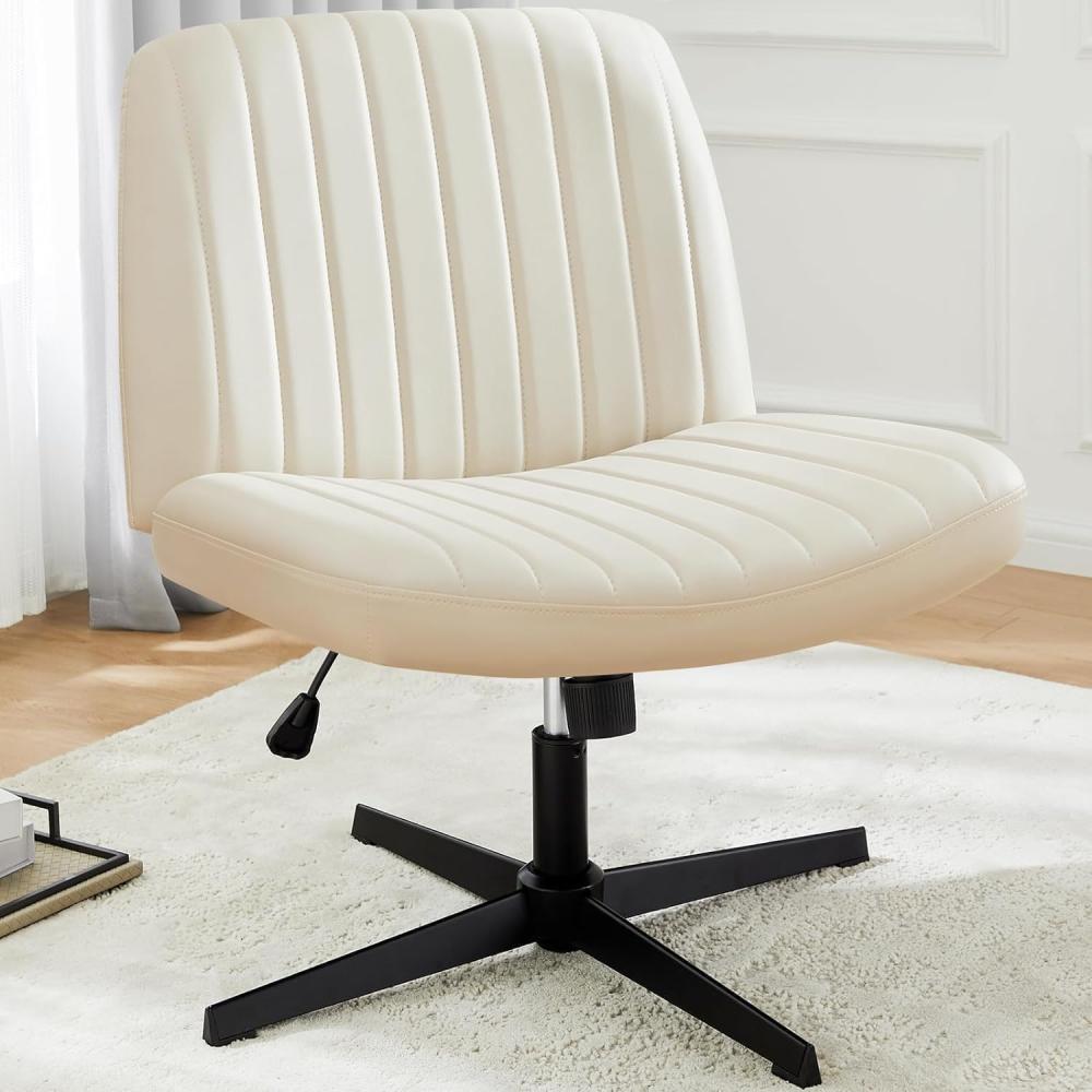 DUMOS Bürostuhl Ohne Armlehne, Gehoben und Bequemes PU-Leder Criss Cross Chair, mit Verbreitertem Sitzkissen Schneidersitz Stuhl, Geeignet für Büros, Schlafzimmer und Wohnzimmer (Weiß) Bild 1