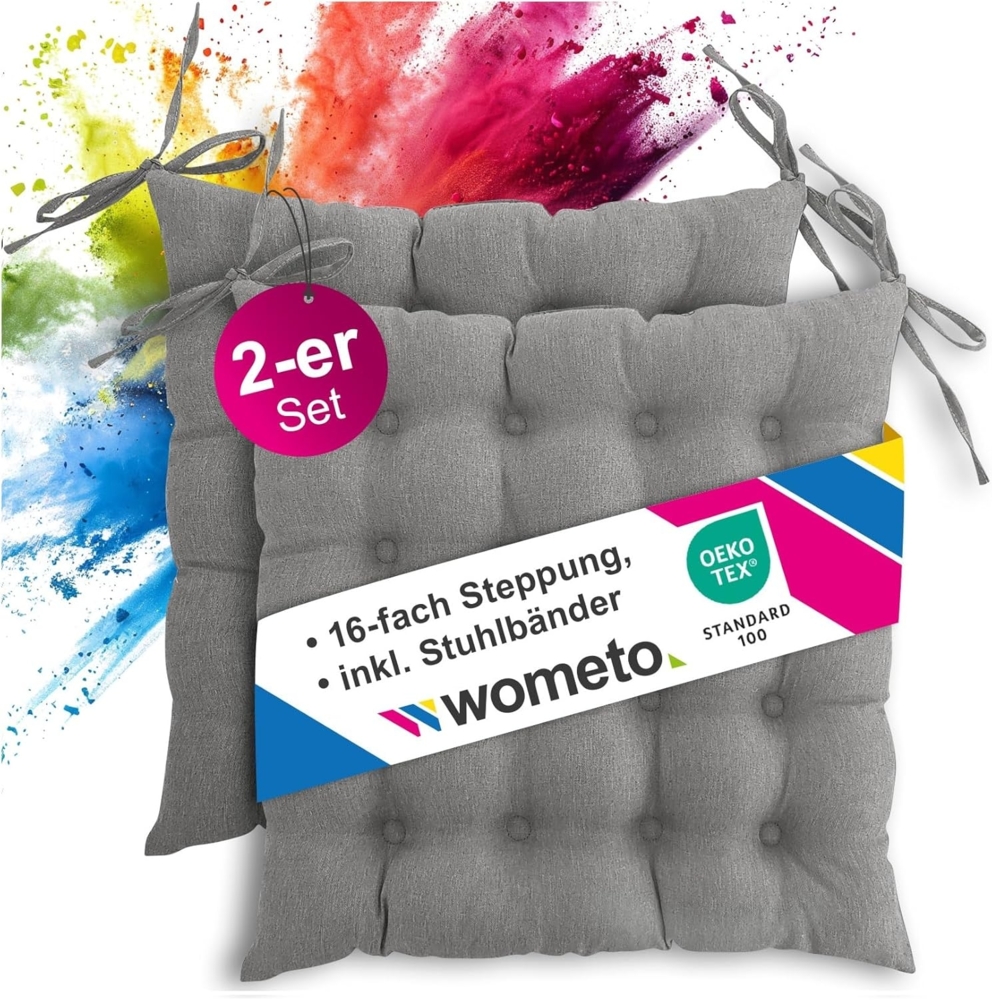 wometo Stuhlkissen Prime 40x40 2er Set, OEKO-TEX®, Sitzkissen mit Steppung & Bändern Bild 1