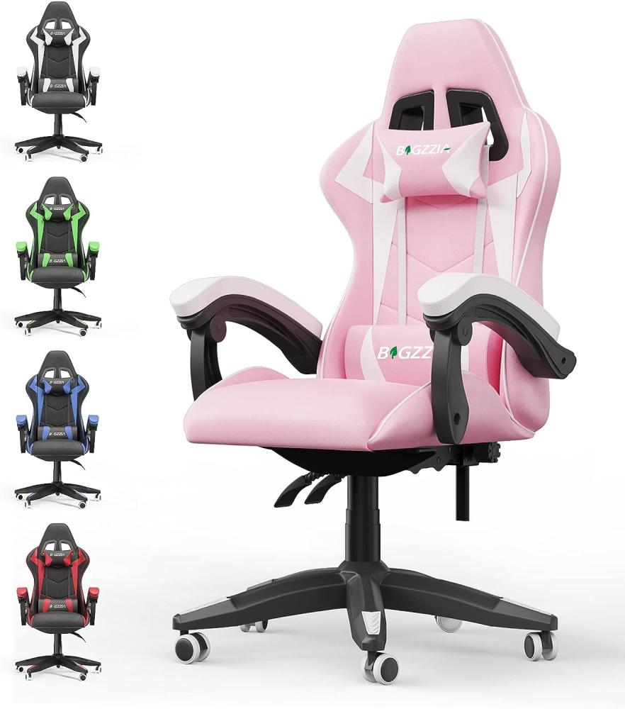 bigzzia Gaming Stuhl Ergonomisch - Gamer Stühle mit Lendenkissen + Kopfstütze Gaming Chair Höhenverstellbar Computerstuhl Bürostuhl für Erwachsene Mädchen Junge, Rosa Bild 1