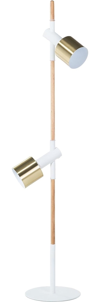 'Owens' Stehlampe Weiß/Gold Metall 125 cm 2-flammig mit Holzgestell höhenverstellbaren Schirmen und 2 Schaltern langes Kabel Industrie Look Bild 1