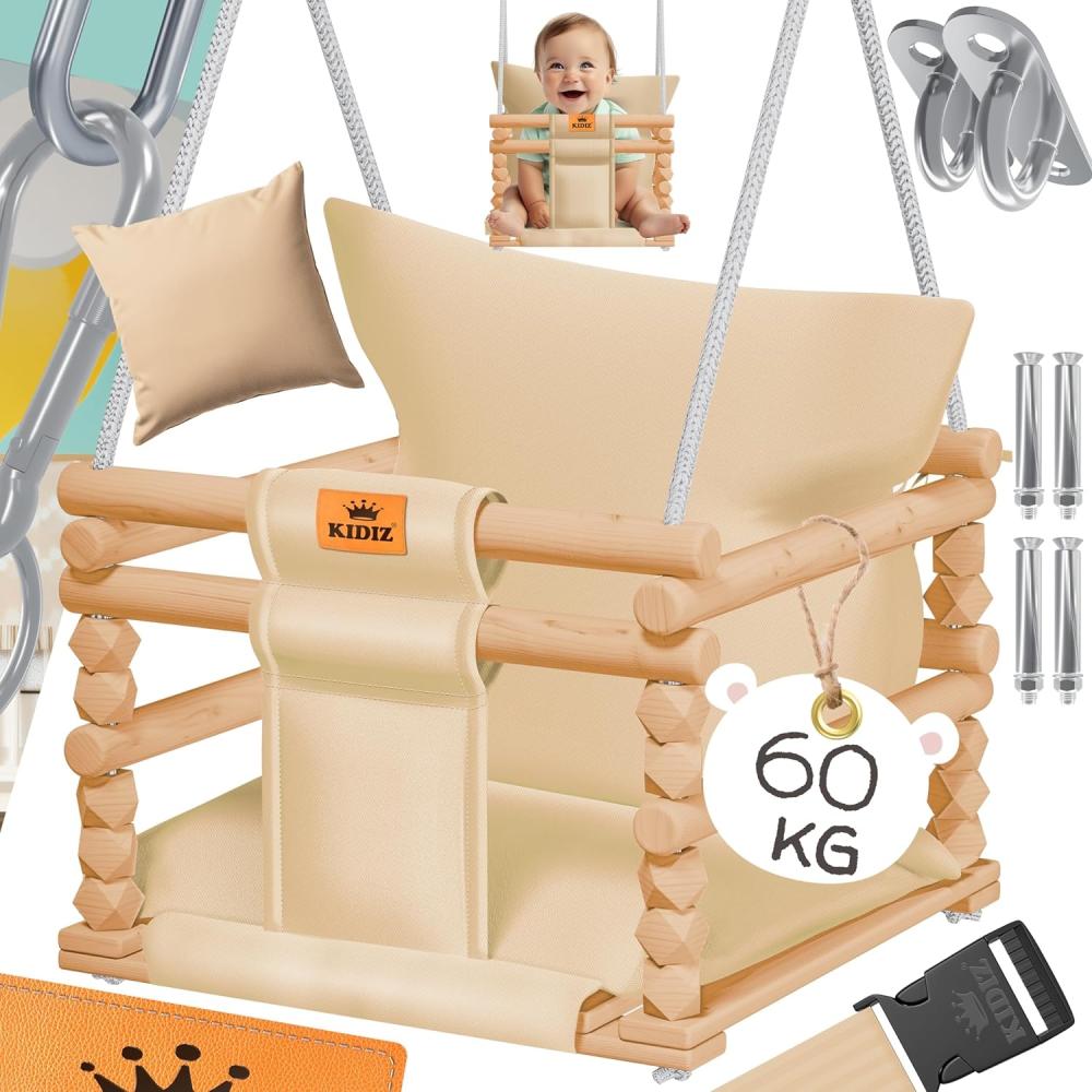 KIDIZ® Babyschaukel Kinderschaukel Schaukelsitz mit Polsterung | Holz-Schaukel mit Anti-Kipp bis 60KG | Höhenverstellbar Indoor & Outdoor | 0,5 - 3 Jahre | Montagezubehör & Sicherheitsgurt Beige Bild 1