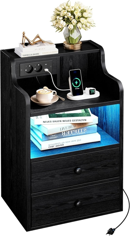 IRONCK LED Nachttisch mit Steckdose, Beistelltisch Holz mit Ladefunktion, Nachtschrank mit 2 AC, 1 USB& 1 Type-C Anschlüsse, Sofatisch mit 2 Schubladen für Wohnzimmer,Schlafzimmer, 45 x 30 x 70 cm Schwarz Bild 1