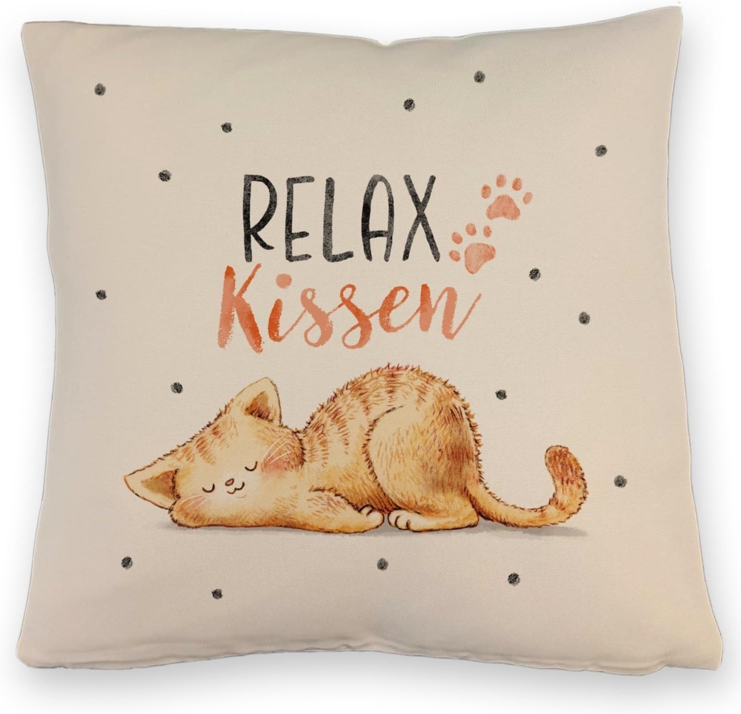 speecheese Dekokissen Relaxte Katze Kissen mit Leinenoptik Spruch Relax Bild 1