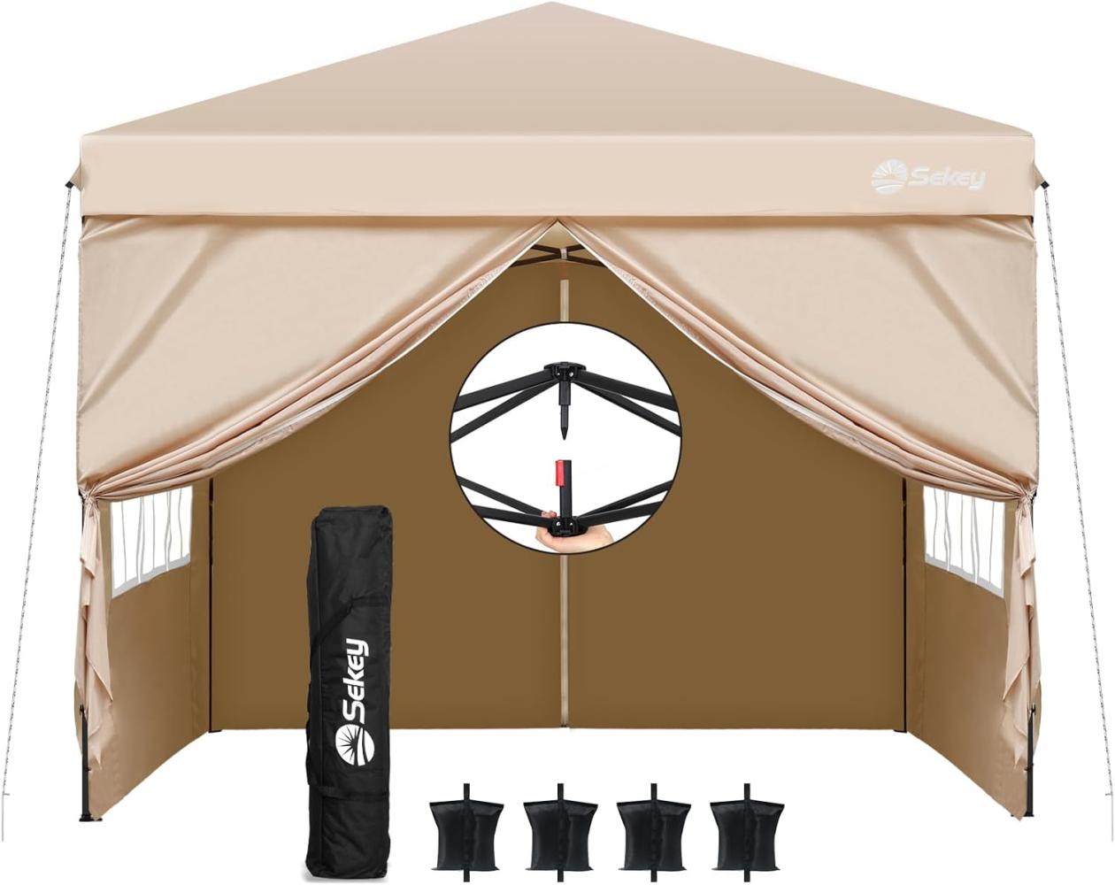 Sekey Pavillon 3x3 mit 4 Seitenteile, Faltpavillon Wasserdicht Stabil Winterfest, Pop Up Pavillon Faltbar für Camping, Festival, Events, Picknicks, Partyzelt Gartenzelt mit 4 Sandsäcke, Khaki Bild 1