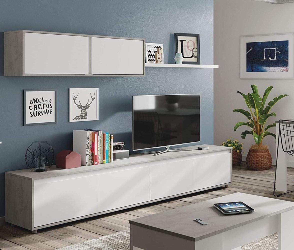 Dmora Wohnzimmer TV-Ständer mit vier Türen, mit Hängeschrank und Regal, Betonfarbe und Artikweiß, TV-Schrankmaß 200 x 43 x 41 cm Hängeschrank 105 x 35 x 29 cm Regal 95 x 3 x 21 cm Bild 1